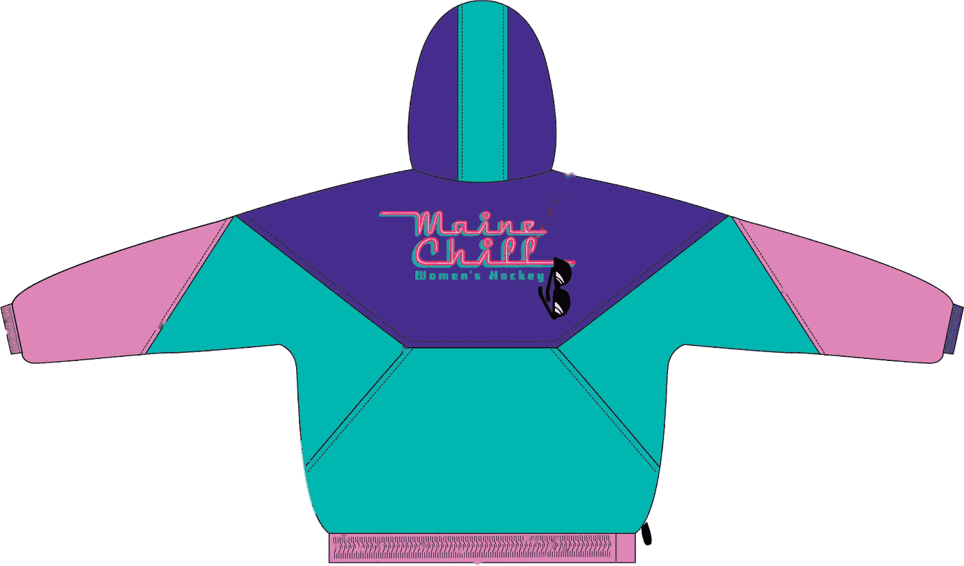 Back of the Maine Chill Starter Jacket, purple hood colorway, with the large Maine Chill logo across the shoulders