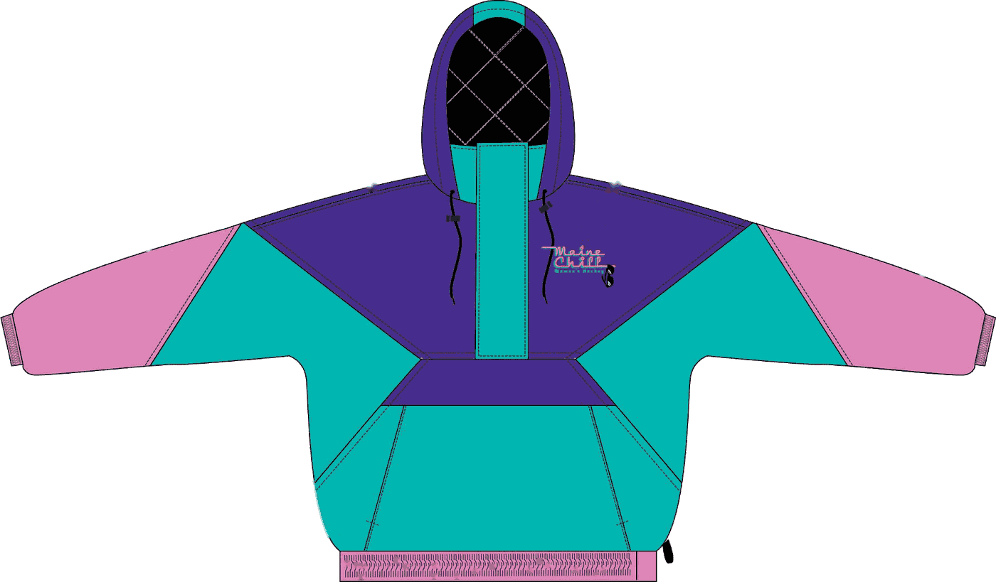 Front of the Maine Chill Starter Jacket, purple hood colorway: purple body and hood, teal side panels, pink sleeves, small team logo on the chest