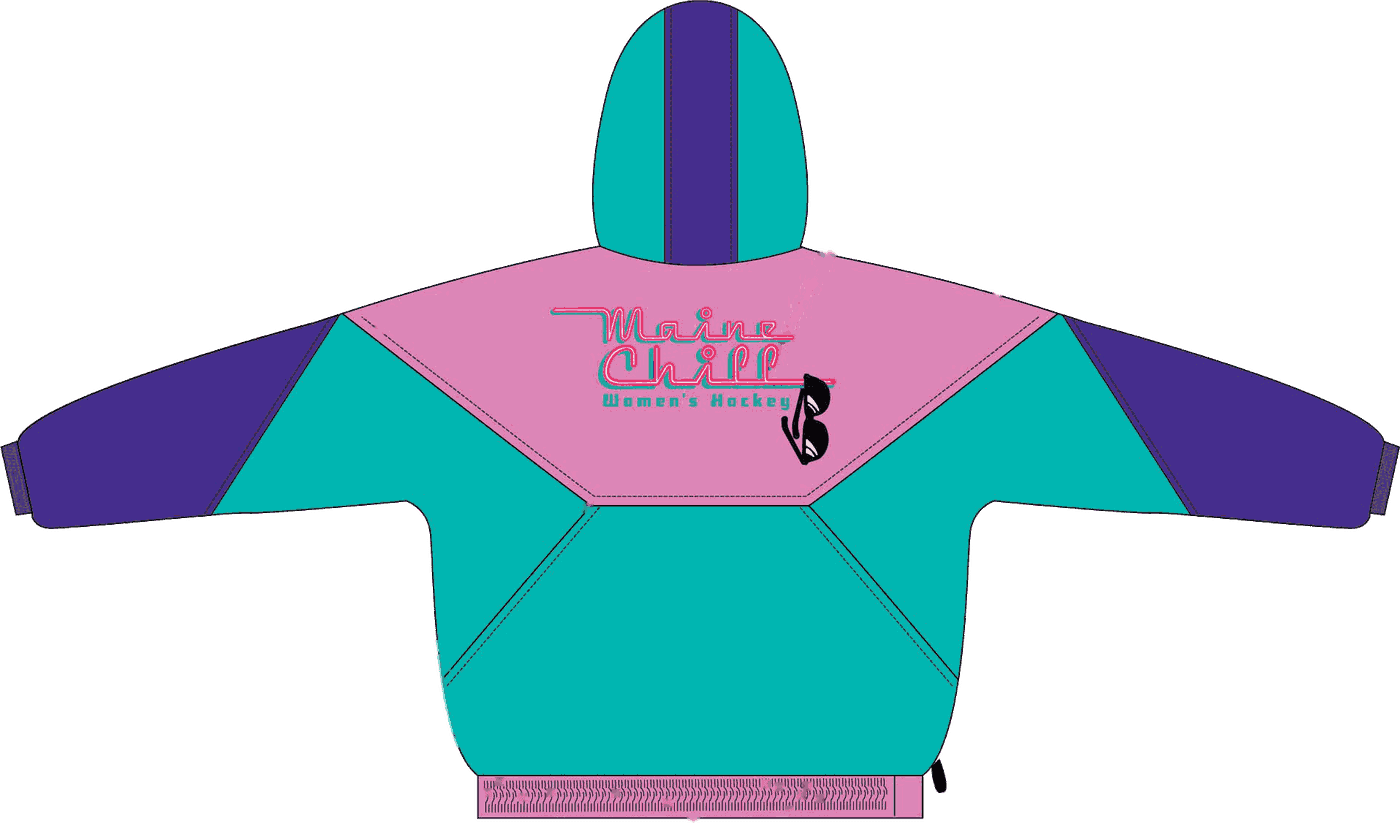 Back of the Maine Chill Starter Jacket, teal hood colorway, with the large Maine Chill logo across the shoulders