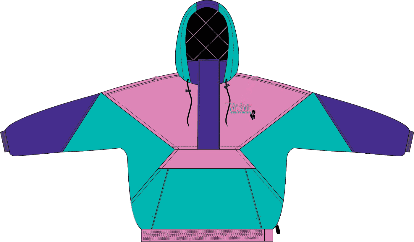 Front of the Maine Chill Starter Jacket, teal hood colorway: pink body, teal hood and side panels, purple sleeves, small team logo on the chest